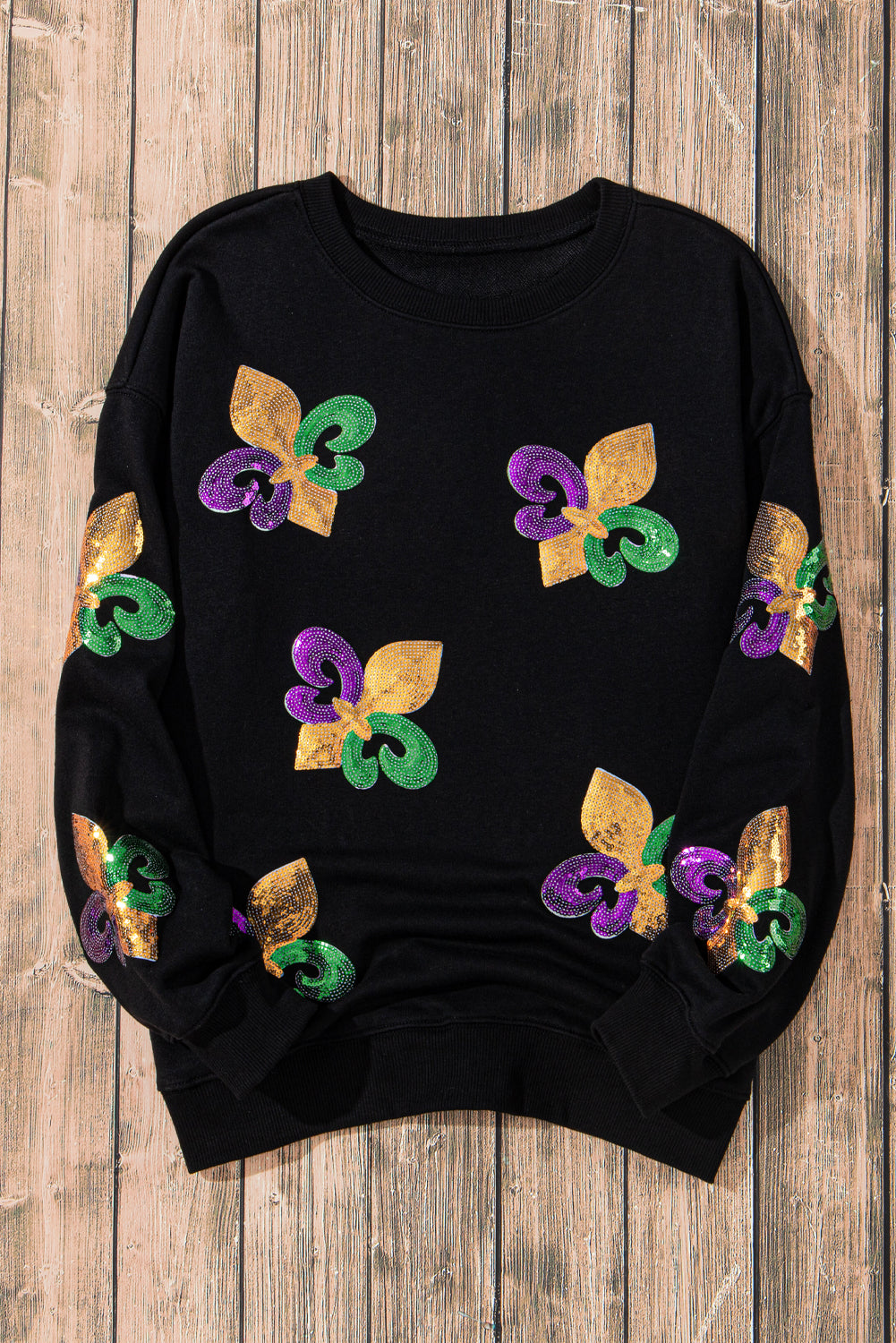 Black Sequin MARDI GRAS Graphic Pullover Sweatshirt