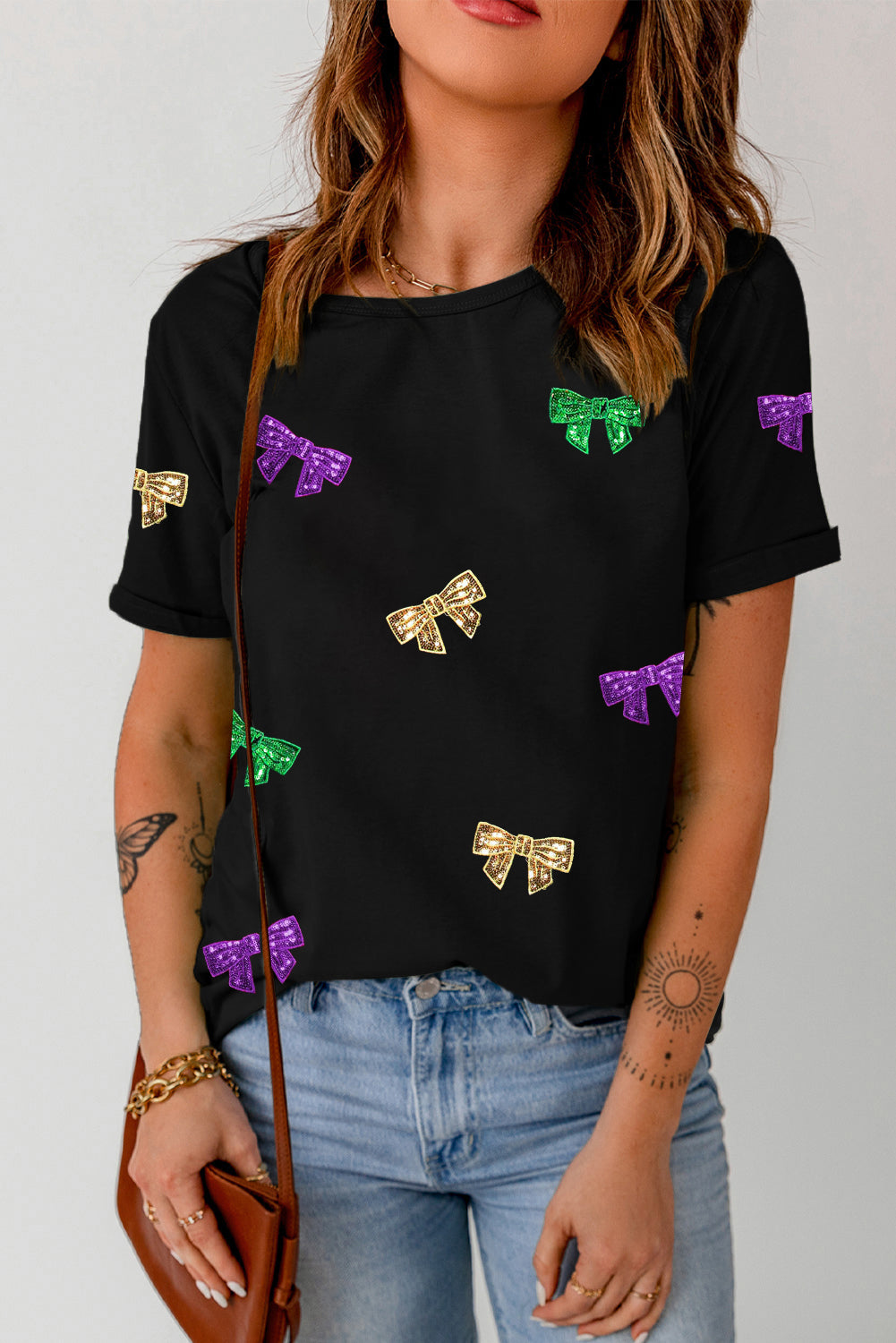 Black MARDI GRAS Sequin Bow Knot Graphic Crew Neck T Shirt