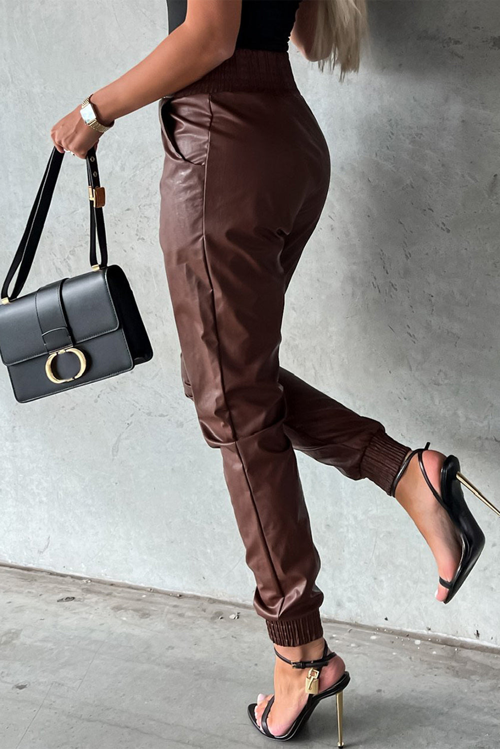 Black Smocked High-Waist Leather Skinny Pants