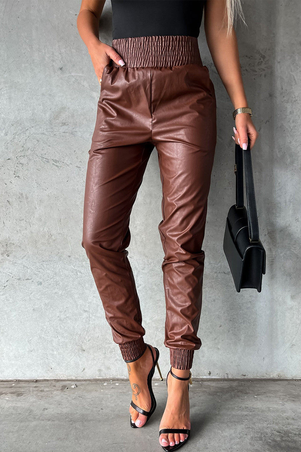 Black Smocked High-Waist Leather Skinny Pants