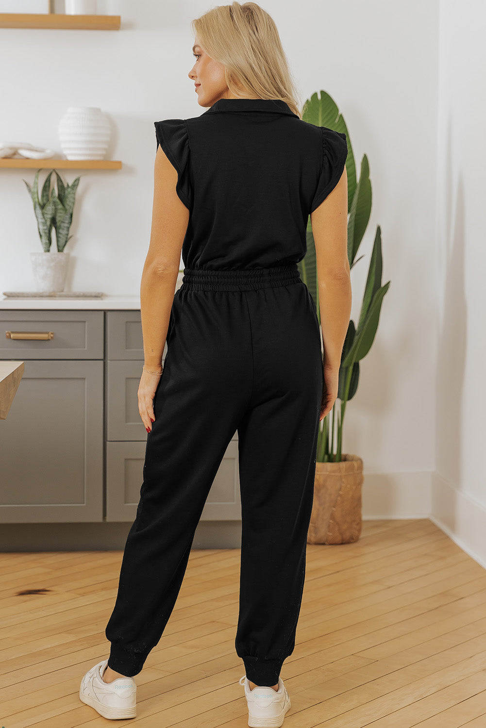 Black Zipper Flutter Sleeve Drawstring High Waist Jumpsuit