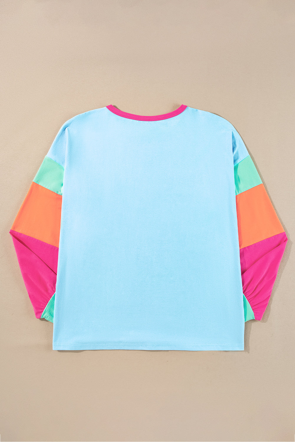 Pink Colorblock Patchwork Long Sleeve Plus Size Top