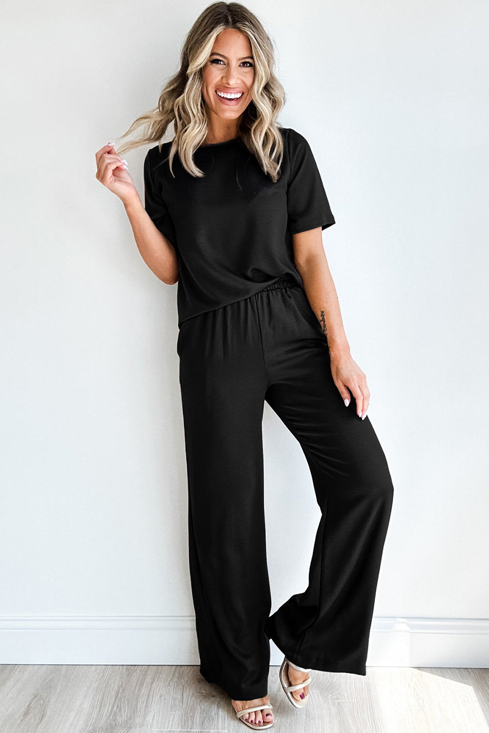 Solid Color T Shirt 2pcs Wide Leg Pants Set