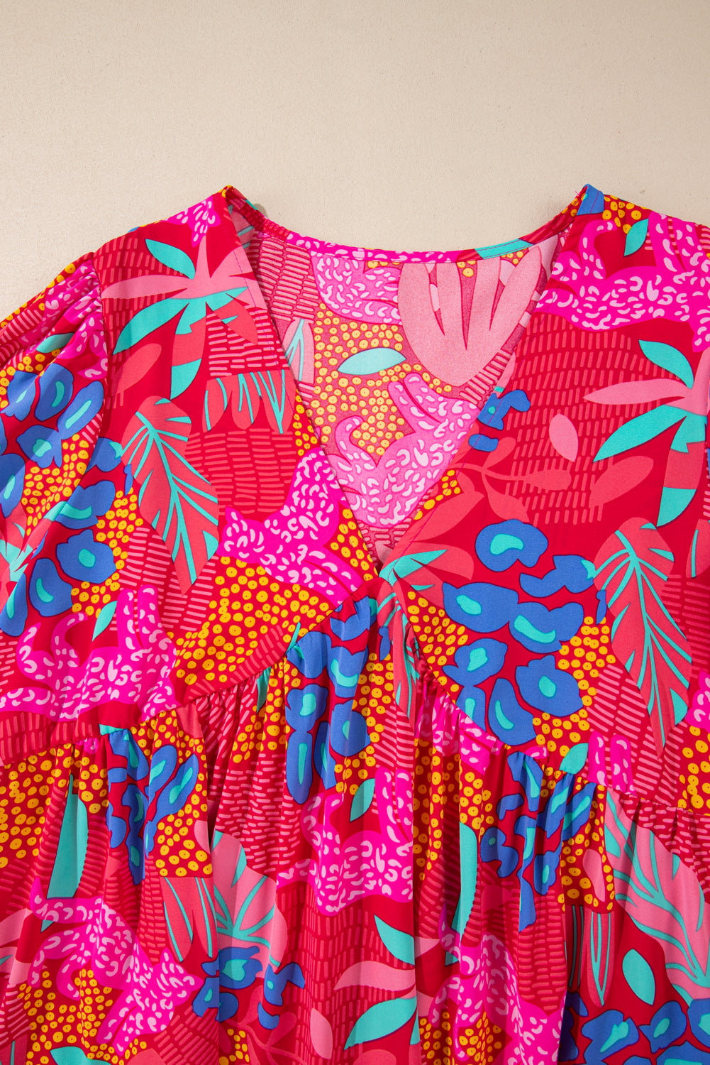 Rose Tropical Printed Lantern Sleeve V Neck Ruffled Plus Size Mini Dress