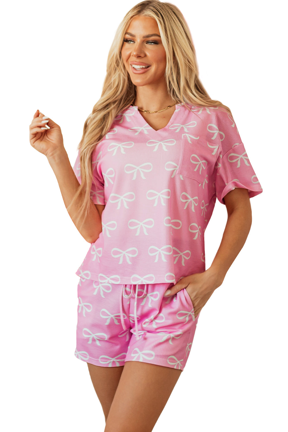 Pink Waffle Knit Bowknot Printed V Neck T Shirt And Shorts Set